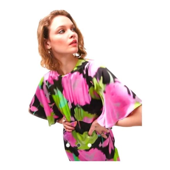 Topshop Austin bold floral print angel sleeve midi occasion dress in multi - Picture 4 of 5